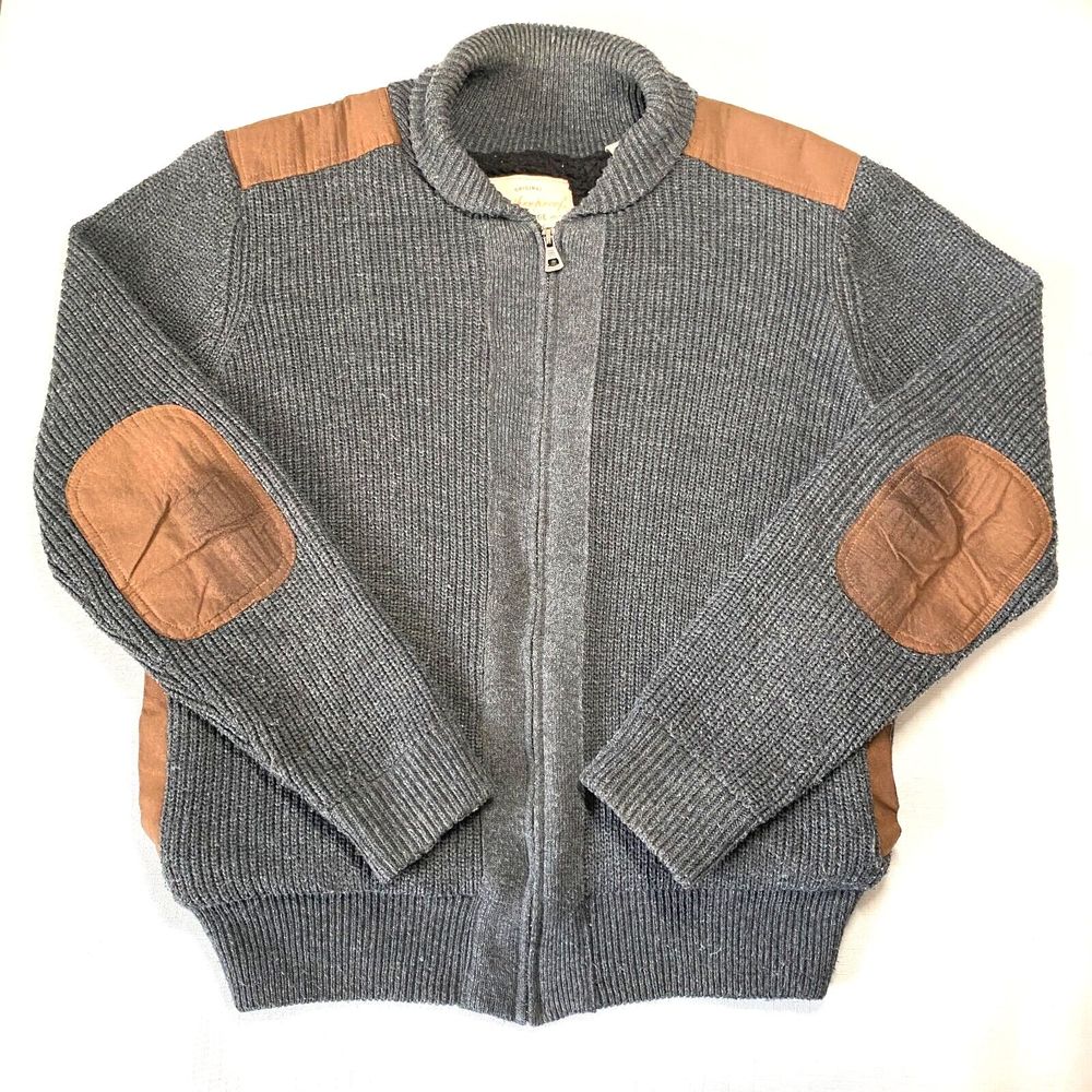 Weatherproof Vintage FULL ZIP Sherpa LINED SWEATER! Ribbed ELBOW PADS Jacket S